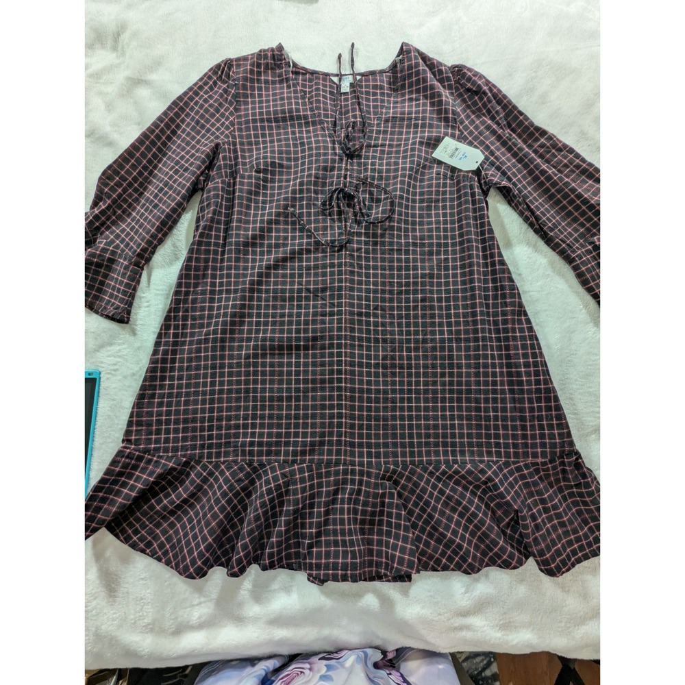 Time and Tru Plaid Mini Dress Women XL Red Black NWT Ruffle Tie Neck Metallic